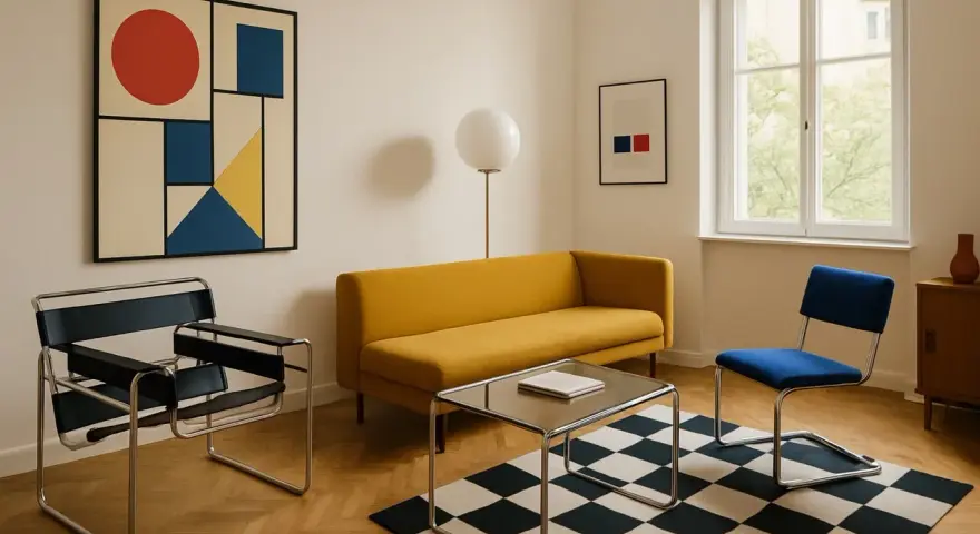 Minimalistyczny salon w stylu bauhaus: żółta kanapa, czarno-biała szachownica na dywanie, krzesła z chromowanej stali i abstrakcyjny obraz.