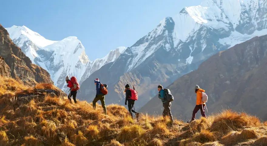 A group of five people trekking up a grassy slope towards majestic snow-capped mountains. This is a true adventure, a step beyond simple hiking.