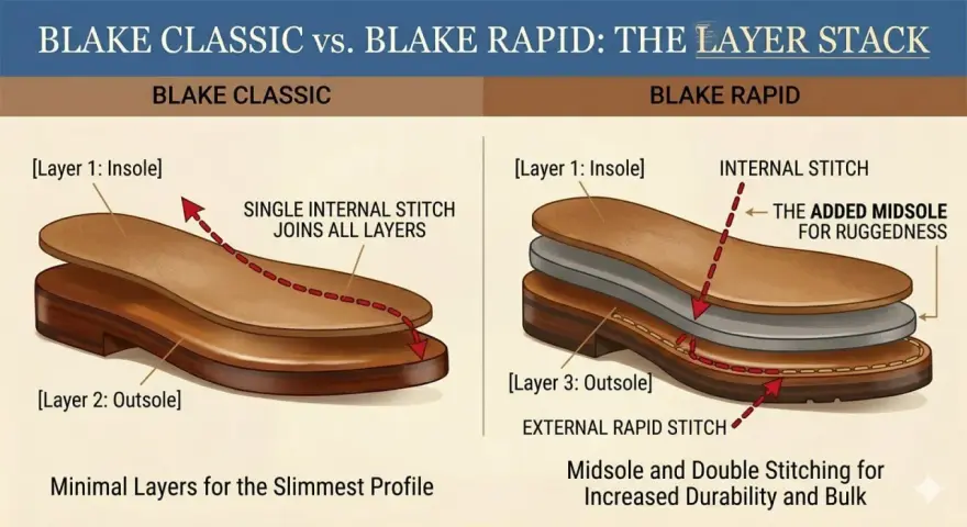 Confronto tra cucitura Blake Classic (singola interna, profilo sottile) e Blake Rapid (con intersuola aggiunta e doppia cucitura esterna per maggiore robustezza).
