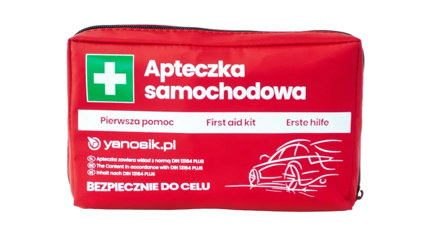 Czerwona apteczka samochodowa z białym krzyżem i napisem "Apteczka samochodowa".