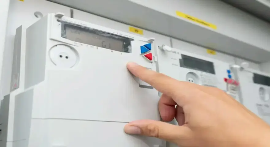 Dłoń naciska przycisk na liczniku energii elektrycznej, na wyświetlaczu widoczna jest taryfa G12n.