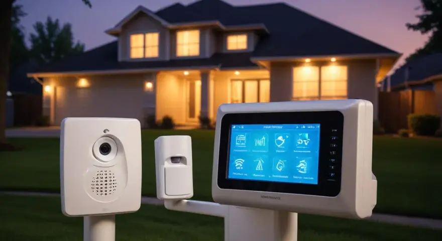Ett modernt hemlarm med kamera och rörelsesensor framför ett upplyst hus. Kontrollpanelen visar olika ikoner för säkerhetsfunktioner.