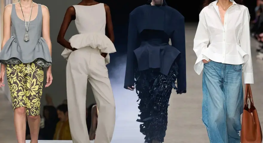 Découvrez le top peplum : une pièce mode évasée qui sublime la silhouette, portée ici en gris, blanc, noir et blanc.
