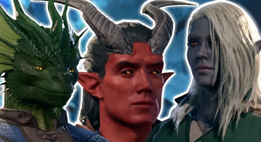 Un dragón verde, un tiefling con cuernos y una elfa oscura, mostrando las diversas razas de Baldur's Gate 3.