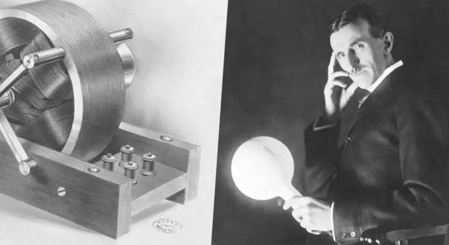 Nikola Tesla z cewką i świecącą żarówką.