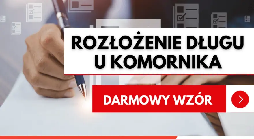 Darmowy wzór wniosku o rozłożenie długu u komornika na raty. Ręka pisze długopisem na papierze.