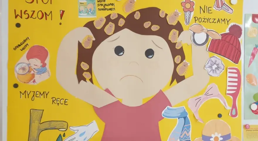 Plakat edukacyjny o wszach. Dziecko z wszykami na głowie, obok instrukcje: "Stop wszom!", "Sprawdzamy włosy", "Myjemy ręce", "Nie pożyczamy".