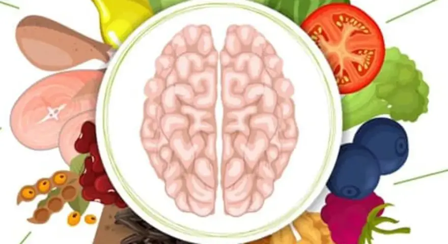 Dieta mind: mózg otoczony zdrowymi produktami jak jagody, pomidor, brokuły, fasola i mięso.