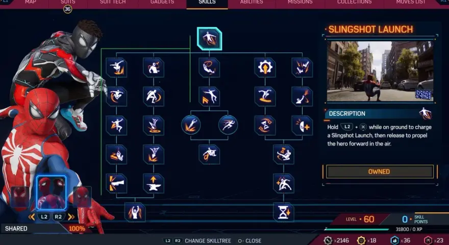 Spider-Man en el menú de habilidades, mostrando el árbol de habilidades y la descripción de "Slingshot Launch". Una guía para mejorar tus poderes.