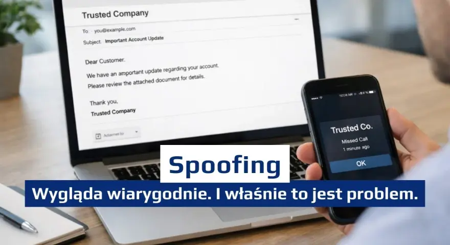 Oszustwo spoofingowe: fałszywy e-mail i połączenie od "Trusted Company" wyglądają wiarygodnie, co jest problemem.