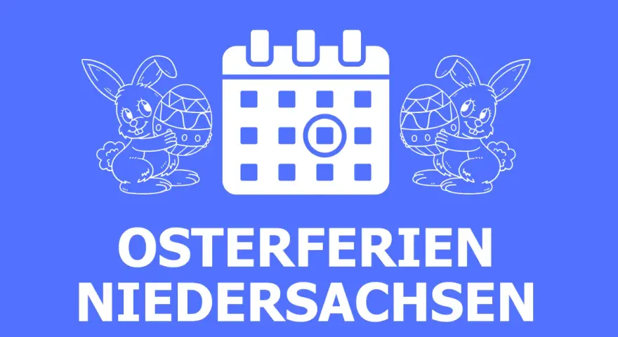 Osterferien 2025 Niedersachsen: Kalender mit Hasen und Ostereiern.
