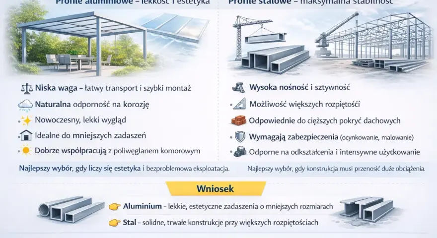 Porównanie profili aluminiowych i stalowych jako pomysł na zadaszenie tarasu: lekkość, estetyka vs. stabilność, nośność.