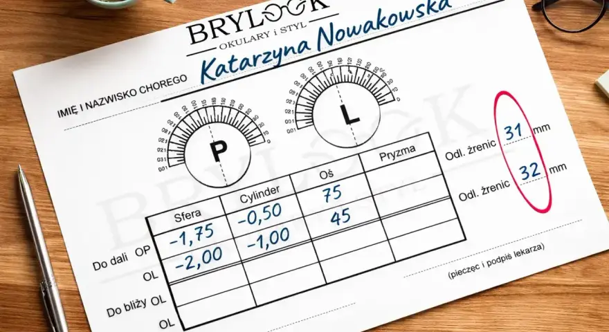 Recepta na okulary Katarzyny Nowakowskiej z danymi do oprawki i korekcji sferycznej, cylindrycznej i osi.