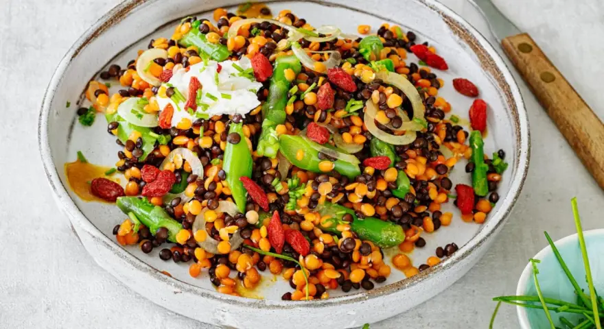 Bunter Linsensalat mit Spargel, Goji-Beeren und einem Klecks Joghurt. Ein köstliches Gericht, das zeigt, wie vielfältig Linsen Rezepte sein können.
