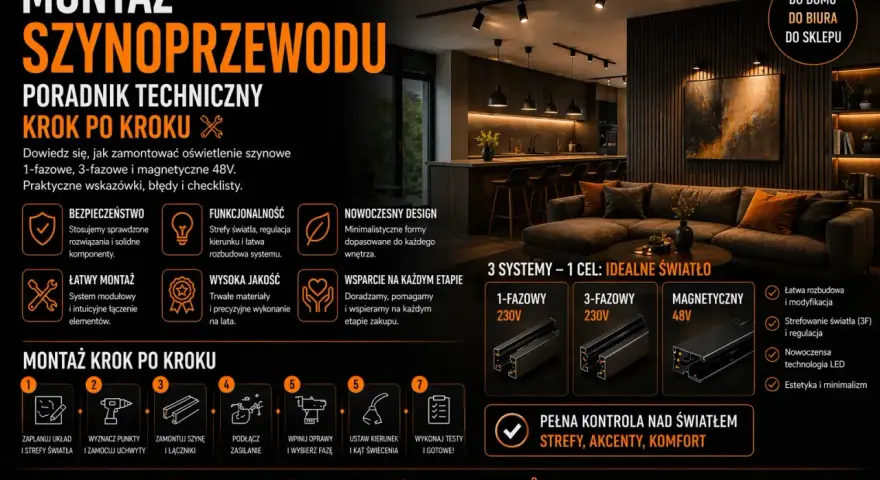 Poradnik techniczny: montaż oświetlenia szynowego 1-fazowego, 3-fazowego i magnetycznego 48V. Praktyczne wskazówki, błędy i checklisty.