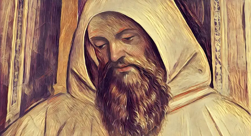 A monk with a long beard, wearing a hooded robe, gazes downwards. This image might accompany 10 facts about St. Benedict.