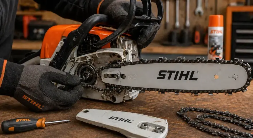 Ręce w rękawiczkach Stihl regulują naciąg łańcucha piły elektrycznej. Obok leży śrubokręt i osłona prowadnicy.