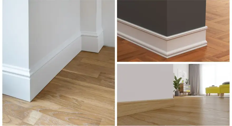 Detalles de rodapiés modernos en blanco y madera, mostrando las últimas tendencias para interiores elegantes.