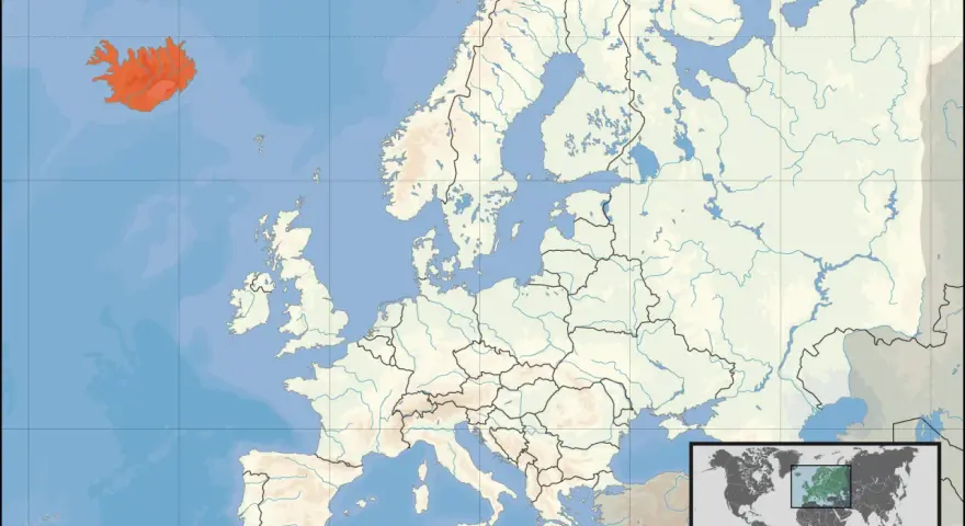 Mapa Europy z zaznaczoną na czerwono Islandią.