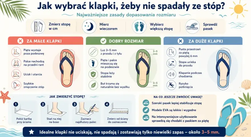 Jak dobrać rozmiar sandałów? Idealne klapki mają 3-5 mm luzu z przodu i z tyłu, nie uciskają i nie spadają.