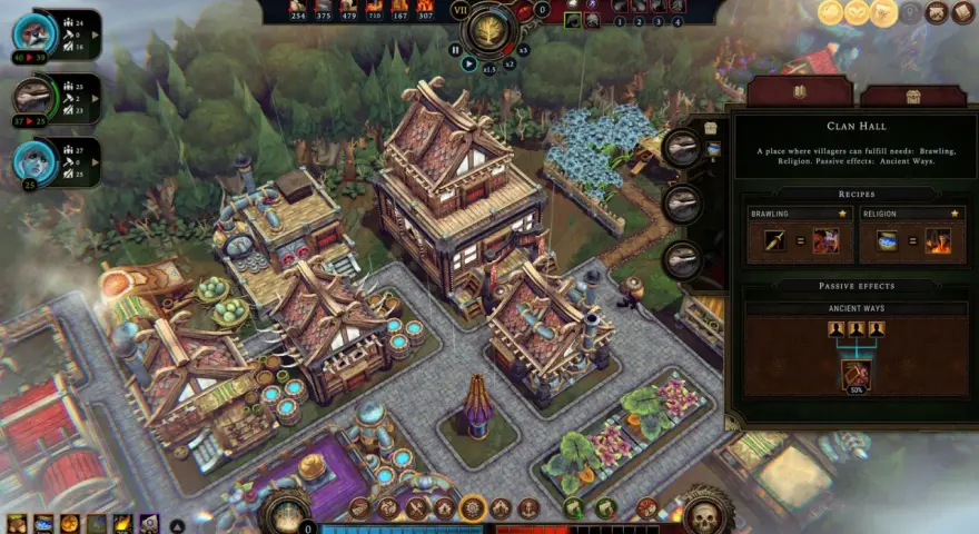Vista isométrica de un asentamiento en un juego de **juegos de gestión pc**. Se aprecian edificios de madera, un huerto y un menú de información del "Clan Hall".