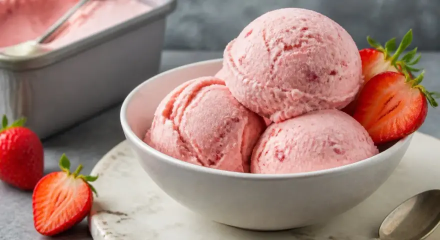 Schüssel mit cremigem Erdbeer-Eis mit Kondensmilch, garniert mit frischen Erdbeeren. Daneben ein Behälter mit Eis.