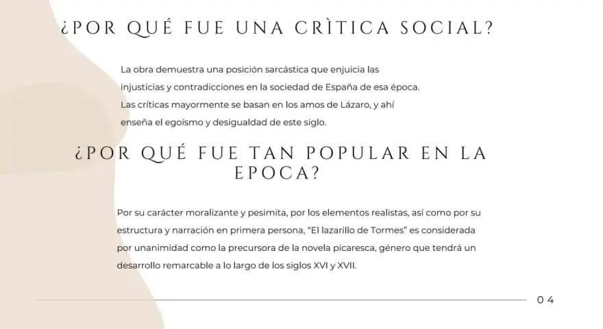 Resumen del Lazarillo de Tormes: crítica social, egoísmo y desigualdad. Su popularidad se debe a su carácter moralizante y realista, precursor de la novela picaresca.