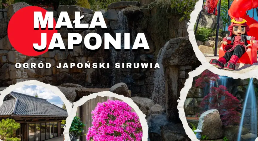 Ogród japoński Karpacz: wodospady, kwitnące azalie, tradycyjny dom i maskotka samuraja.