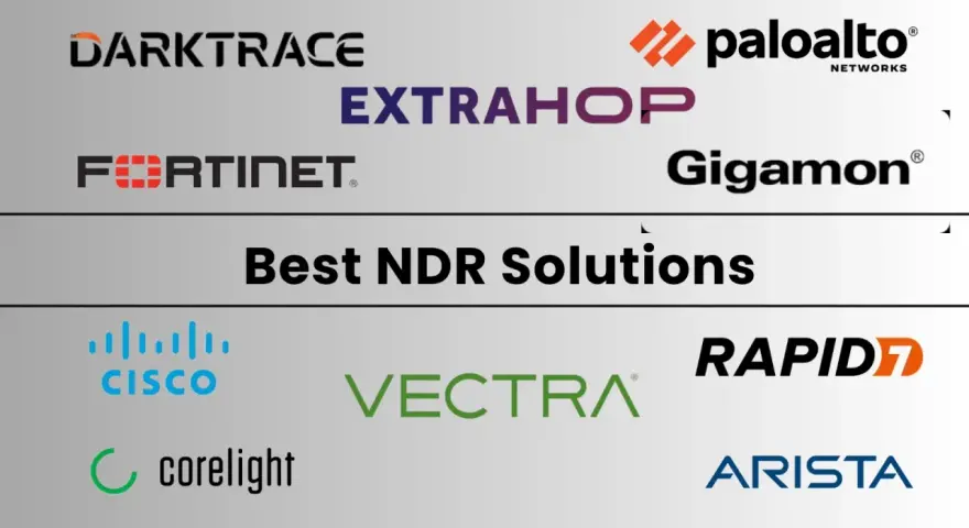 Logos of Darktrace, ExtraHop, Fortinet, Palo Alto Networks, Gigamon, Cisco, Vectra, Corelight, Rapid7, and Arista, showcasing Gigamon competitors in the NDR solutions space.