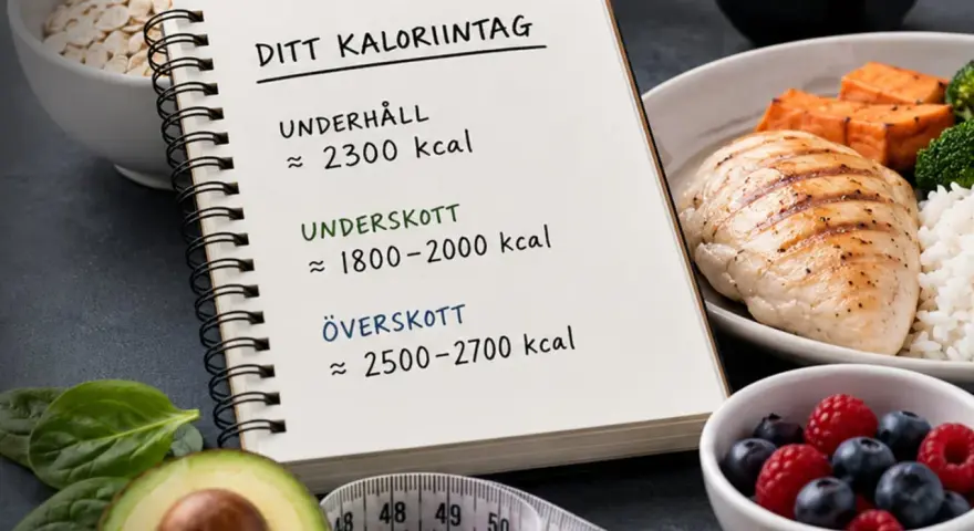 En anteckningsbok visar hur många kalorier per dag kvinna behöver för underhåll, underskott och överskott. Bredvid finns mat som kyckling, ris, grönsaker, bär och avokado.