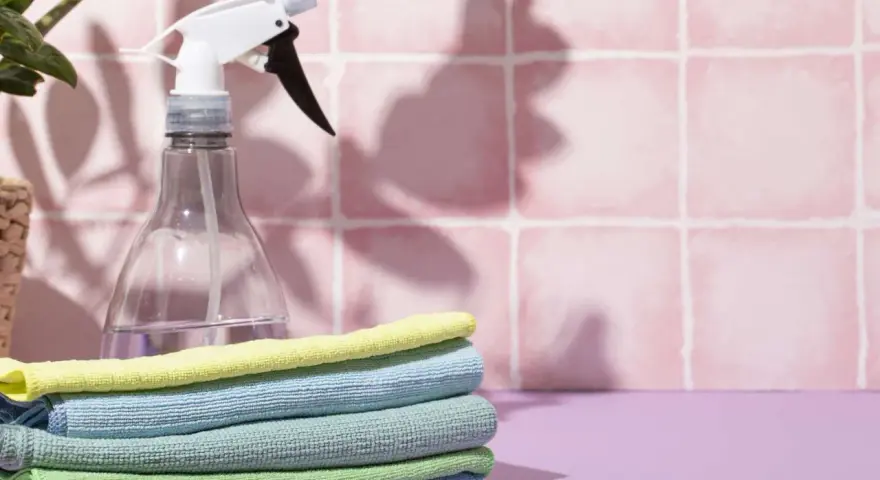 Stack of colorful microfiber cloths next to a spray bottle, ready for cleaning. Learn how to clean microfiber cloth effectively.