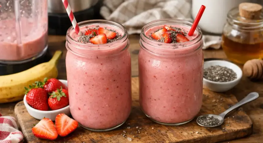Deux jolis pots de smoothie fraise, garnis de fruits frais et de graines de chia. Un délice fruité prêt à être dégusté !