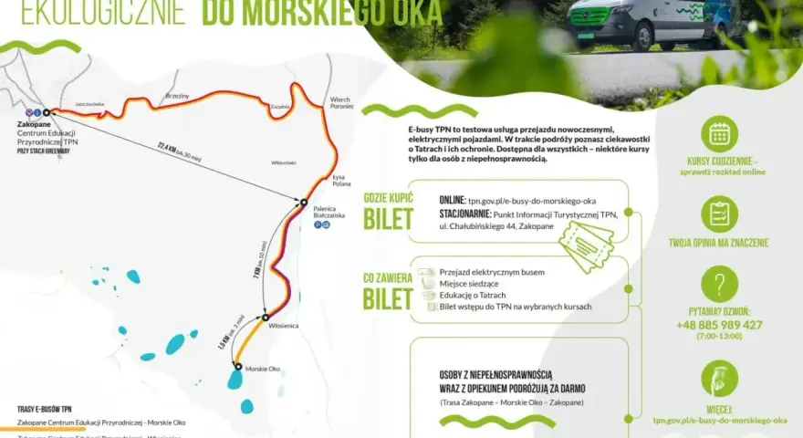 E-busy TPN do Morskiego Oka: sprawdź cennik i trasy na tpn.gov.pl. Ekologiczne przejazdy po Tatrach.