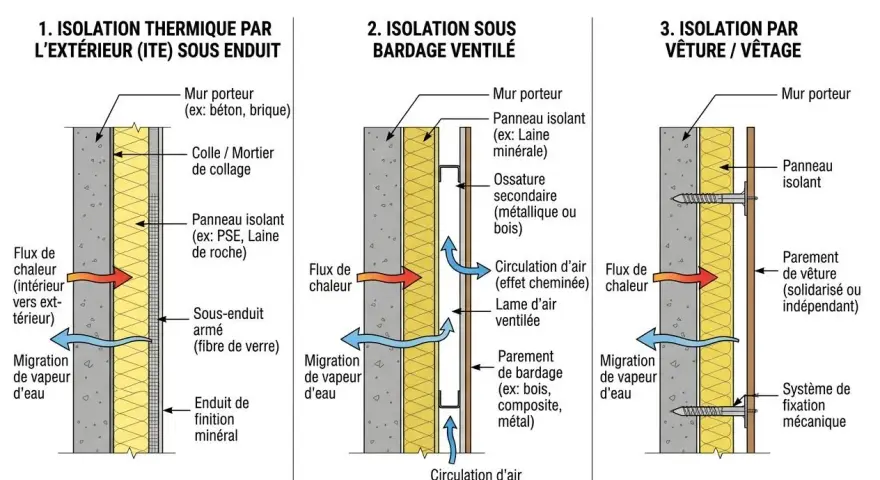 Diagramme comparant 3 systèmes d'isolation de façade : ITE, bardage ventilé et vêture.