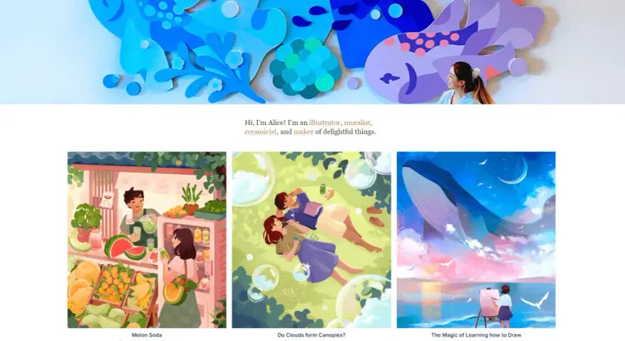 Alice, une artiste, crée des illustrations vibrantes, dont une scène de marché de fruits et une jeune fille peignant une baleine volante.