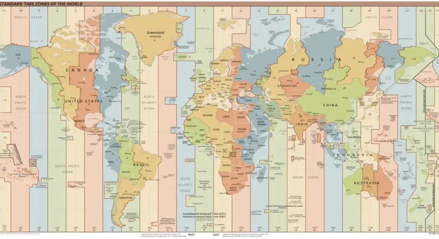 Mapa świata z zaznaczonymi strefami czasowymi. Islandia znajduje się w strefie UTC 0.
