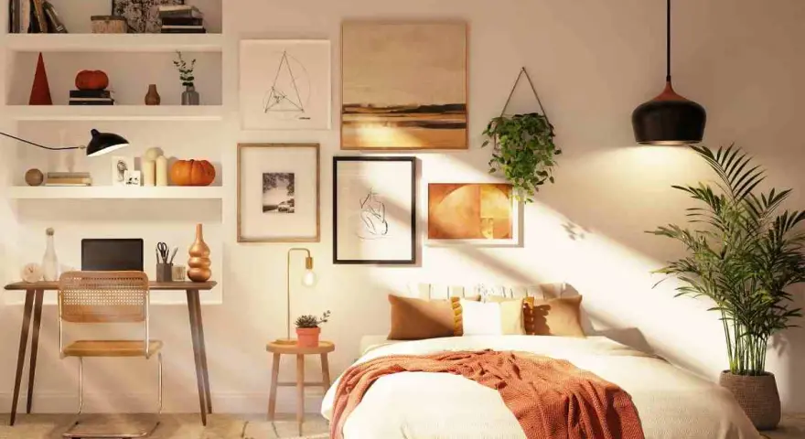 Acogedor dormitorio con cama sin cabecero, escritorio y estanterías llenas de arte y objetos decorativos.
