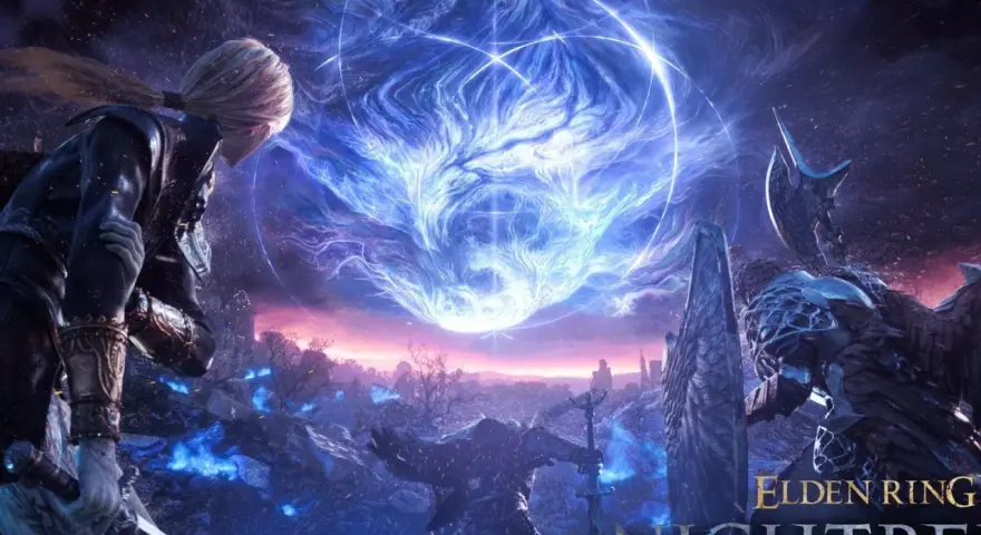 Un guerrero con túnica mira un vórtice azul brillante en el cielo. En el primer plano, un caballero con armadura se enfrenta a un enemigo imponente. Elden Ring Nightreign.