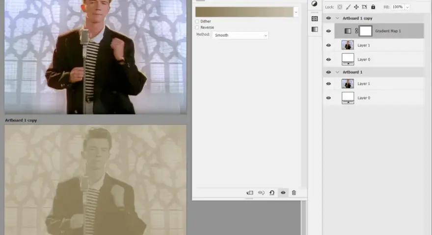 Rick Astley w kadrze, z efektem złoty kolor photoshop. Widoczny panel warstw i właściwości.