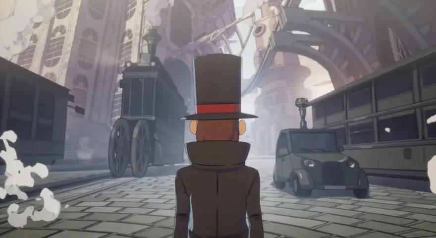 El Profesor Layton explora un mundo a vapor con trenes y un coche retro.