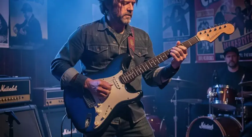 Un guitariste joue sur scène, évoquant l'esprit de qui a inventé le blues. Des affiches de concerts et des amplis Marshall créent une ambiance rock.