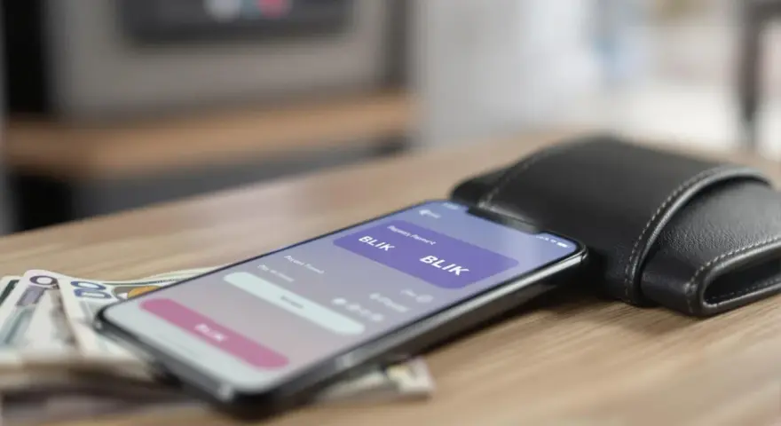 Smartfon z aplikacją BLIK, obok portfel i banknoty na drewnianym stole.