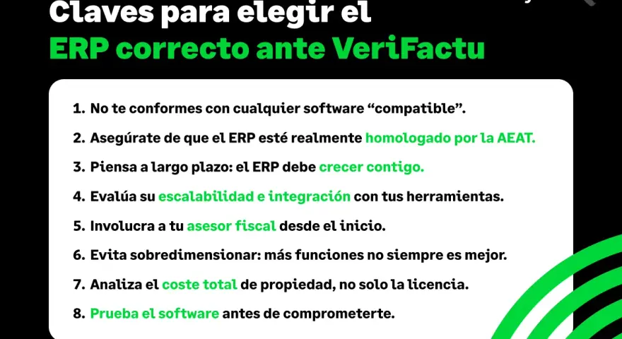 Claves para elegir un ERP correcto, incluyendo aspectos de erp facturacion, homologación AEAT, escalabilidad, asesor fiscal y coste total.