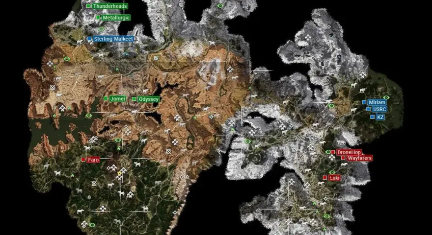 Mapa świata Horizon Zero Dawn z zaznaczonymi lokacjami, takimi jak Thunderheads, Metallurgic, Sterling-Malket, Jomei, Odyssey, Faro, Miriam, USRC, KZ, DroneHop, Wayfarers i Łuki.
