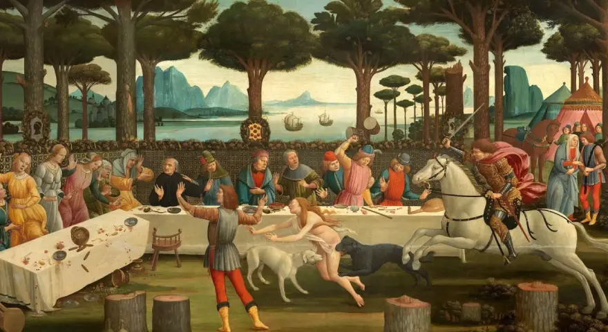 En riddare på vit häst rider mot ett sällskap vid ett långbord, en scen som påminner om berättelser av Giovanni Boccaccio.