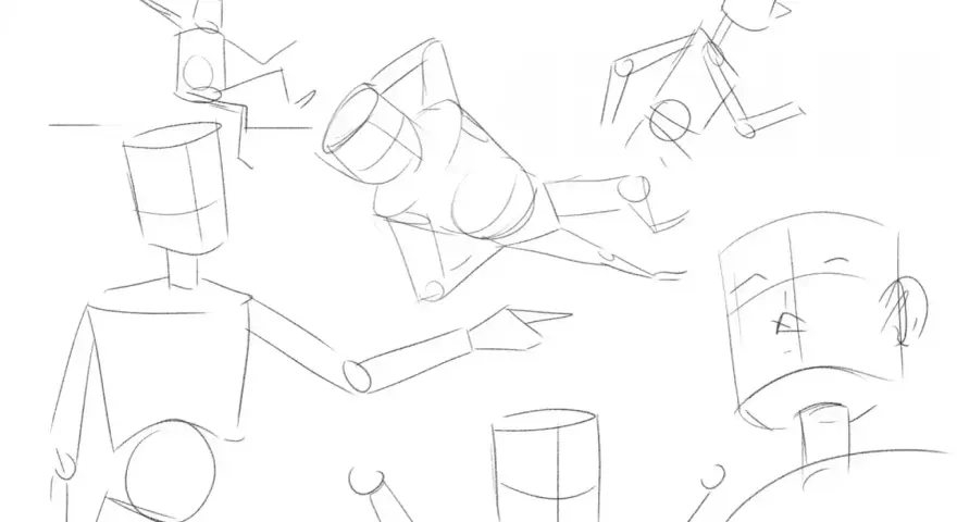 Esquisse d'un bonhomme dessinant des poses variées, certaines assises, d'autres allongées ou en mouvement.