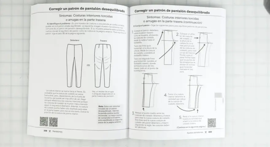 Diagramas y texto explican cómo corregir el vocabulario de costura en patrones de pantalones desequilibrados, mostrando cómo ajustar costuras para evitar arrugas.