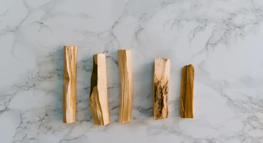 Cinco astillas de palo santo sobre mármol. ¿Por qué se apaga el palo santo? Quizás por la humedad o la mala ventilación.