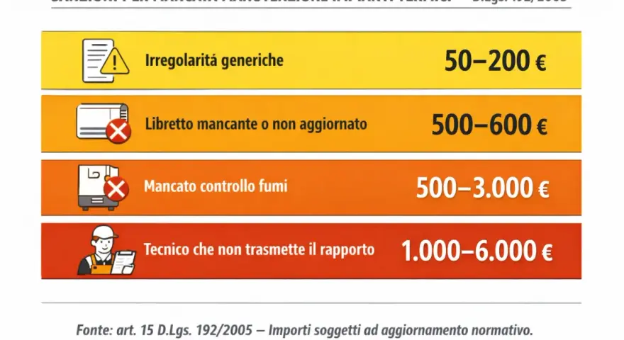 Sanzioni per mancata manutenzione caldaie: irregolarità generiche, libretto mancante, mancato controllo fumi e tecnico inadempiente comportano multe salate.