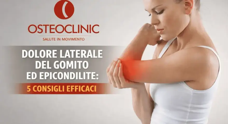 Donna con dolore al gomito, evidenziato in rosso. Il testo parla di epicondilite e consigli efficaci.